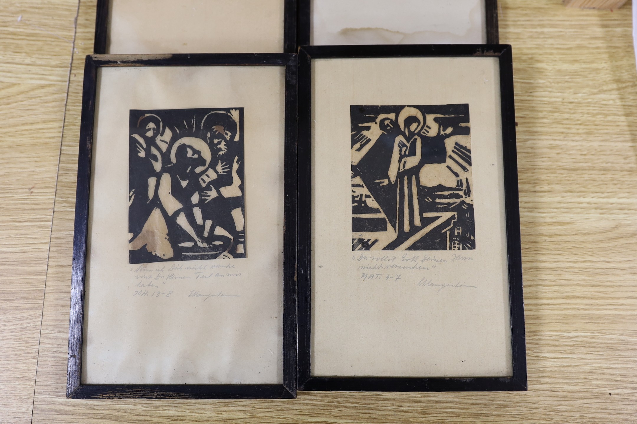 A group of six German woodblock prints, titled biblical scenes, frames 24 x 15cm - Image 2 of 4