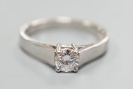 A modern platinum and solitaire diamond ring, size M, gross weight 5.2 grams, the stone diameter 4.