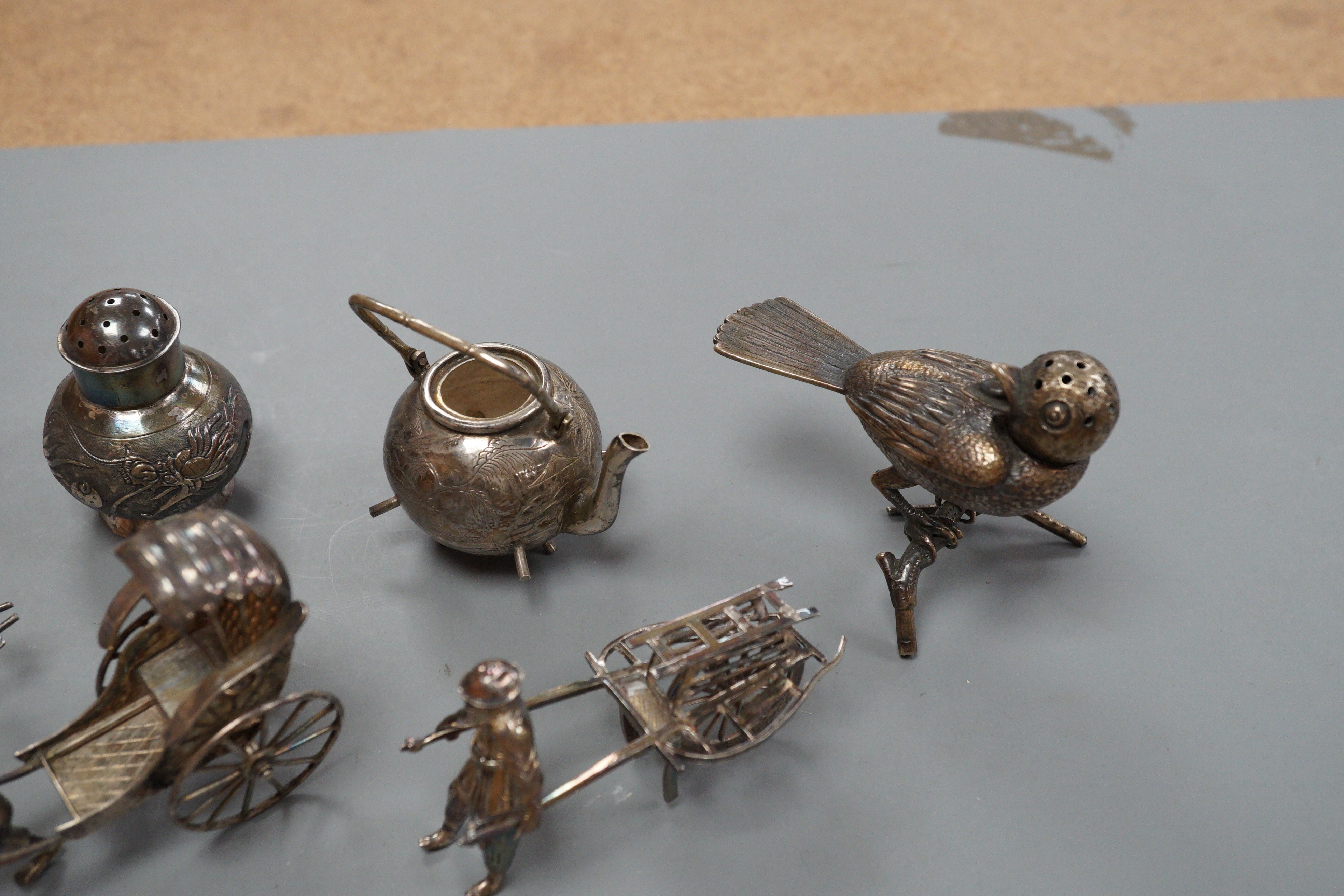 Six assorted miniature white metal items including a Chinese tea kettle on stand (lacking lid), - Image 4 of 19