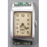 A gentleman's Swiss 1940's? stainless steel manual wind rectangular dial wrist watch, no strap.