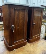 A near pair of Victorian mahogany marble topped bedside cabinets, width 38cm depth 36cm height 74cm