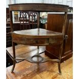 A George III pine bowfront three tier corner washstand, width 60cm depth 40cm height 80cm