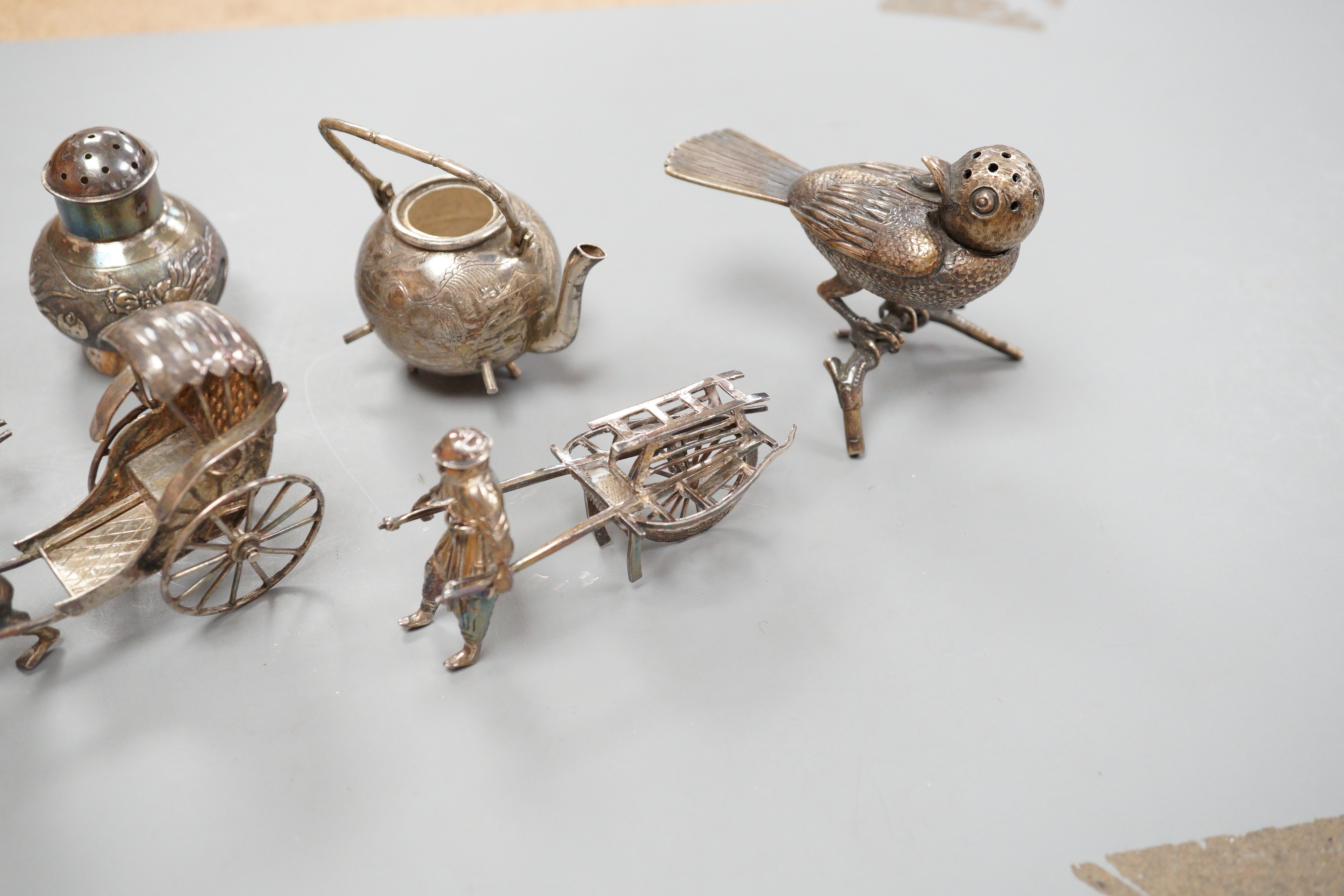 Six assorted miniature white metal items including a Chinese tea kettle on stand (lacking lid), - Image 8 of 19