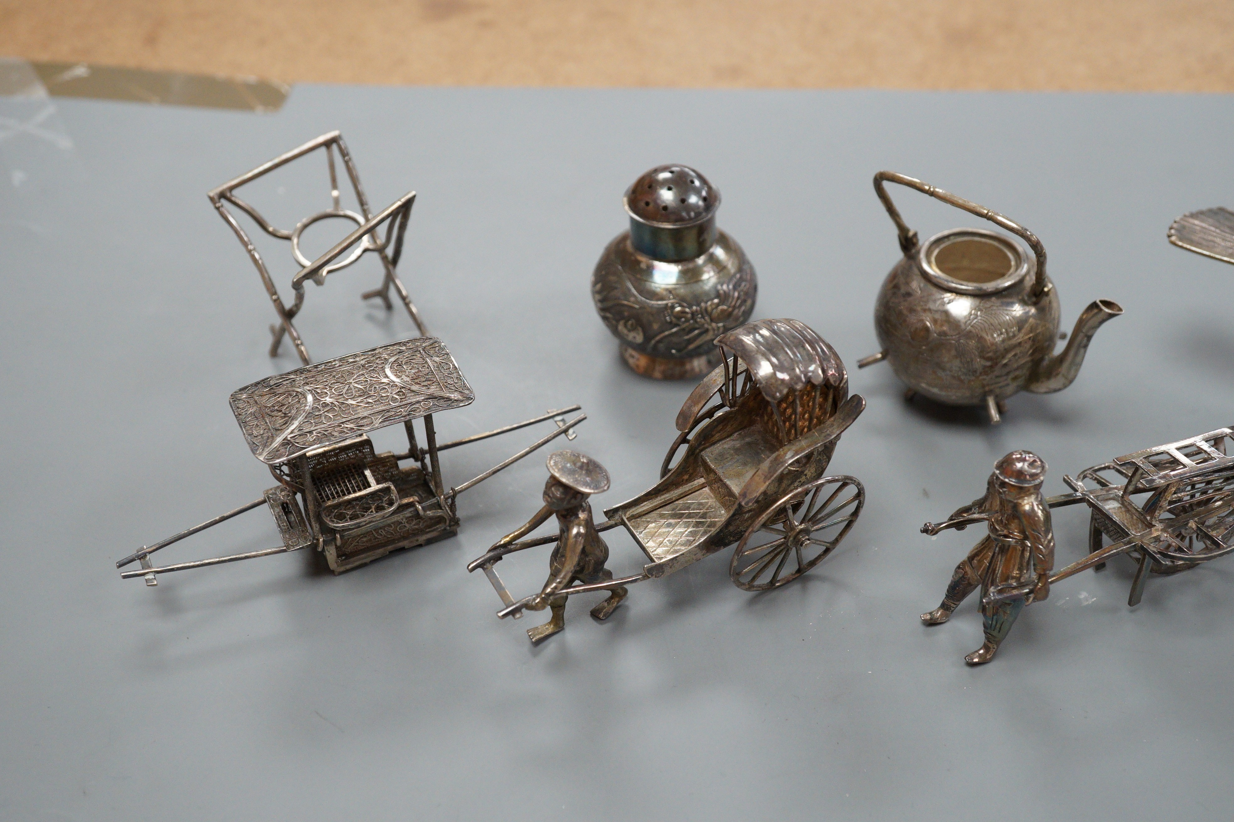 Six assorted miniature white metal items including a Chinese tea kettle on stand (lacking lid), - Image 7 of 19