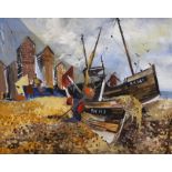 Edith Ray (1905-1989), oil on board, Fishing boats on the beach, signed, 36 x 45cm