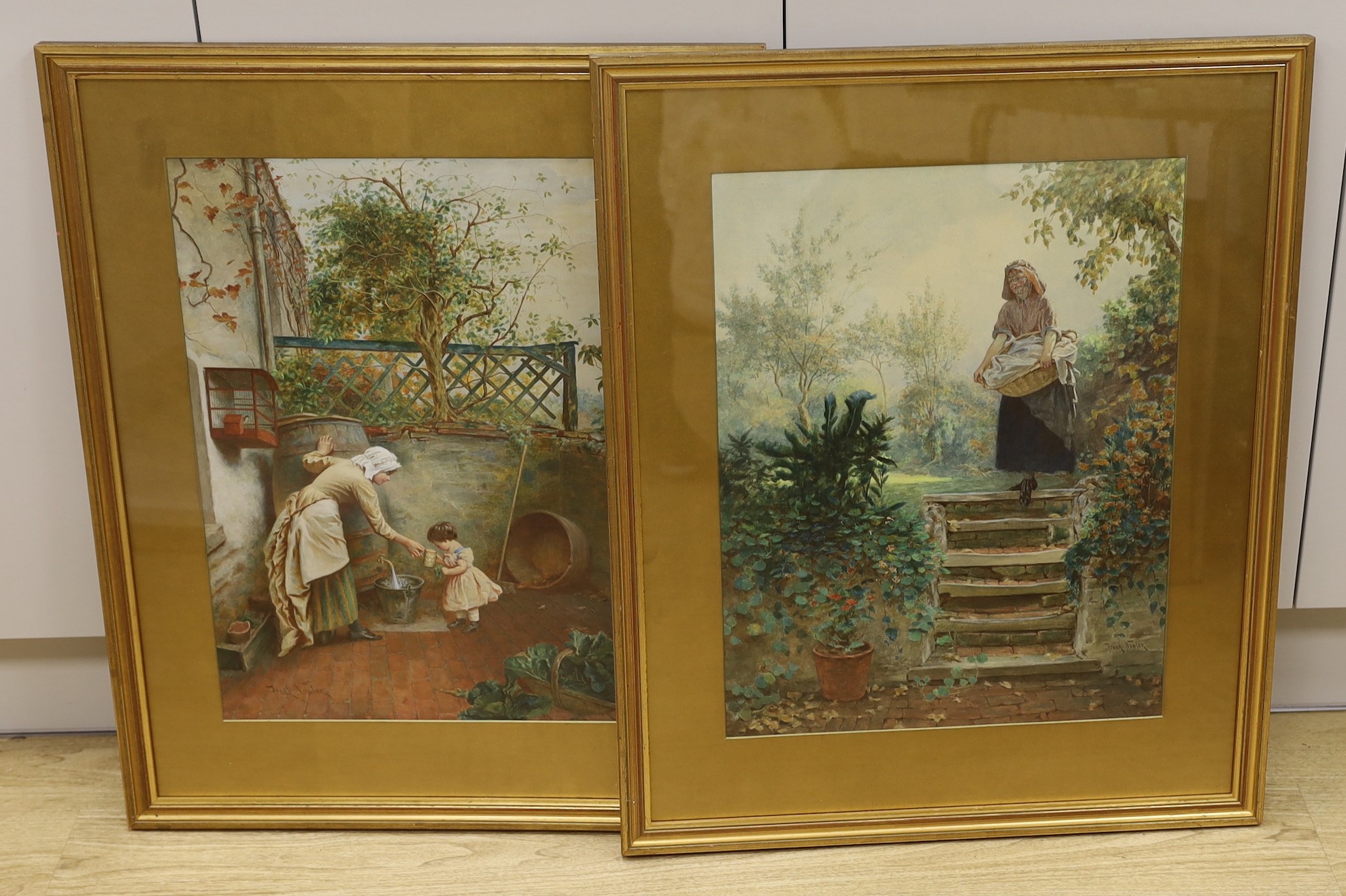 Frank Nowlan (1835-1919), pair of watercolours, Maid fetching water for an infant and Maid