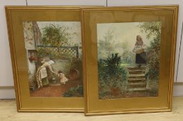 Frank Nowlan (1835-1919), pair of watercolours, Maid fetching water for an infant and Maid