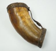 A 19th century ox horn and leather mounted cup, 19cm
