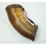 A 19th century ox horn and leather mounted cup, 19cm