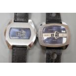 Two gentleman's stainless steel Ingersoll jump hour digital manual wind wrist watches.