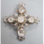 A 19th century white metal and paste cluster set quatrefoil shaped pendant brooch, 56mm, (a.f.).