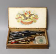 A quantity of various pens and pencils including some silver and one with 9ct gold banding