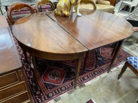 A George III mahogany D end extending dining table with later drop leaf, 180cm extended, depth 127cm