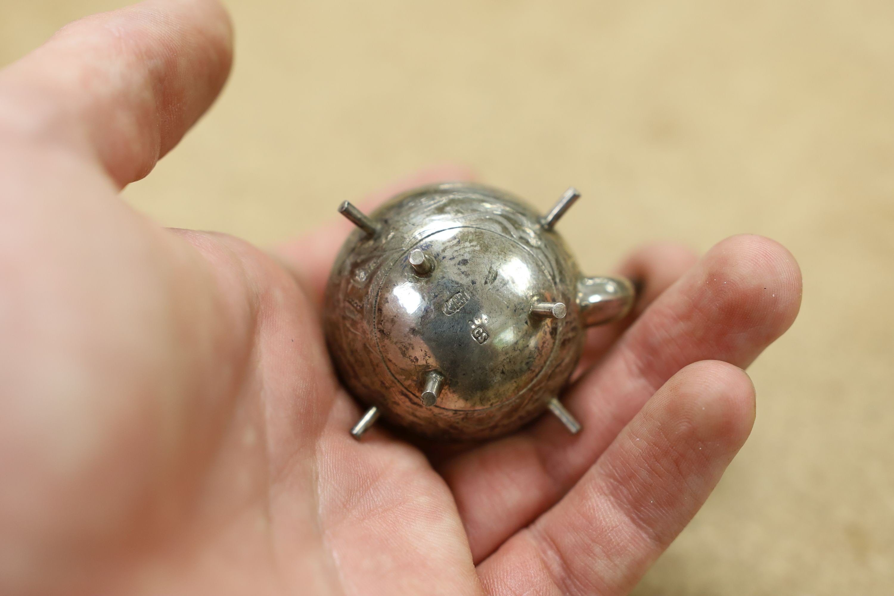 Six assorted miniature white metal items including a Chinese tea kettle on stand (lacking lid), - Image 16 of 19