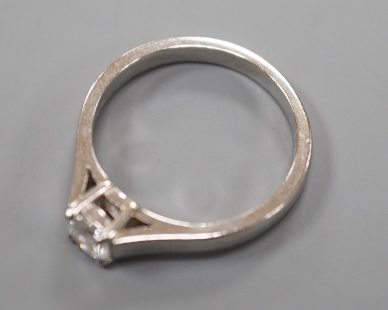 A modern platinum and solitaire diamond ring, size M, gross weight 5.2 grams, the stone diameter 4. - Image 3 of 6