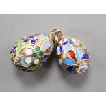 An early 20th century Russian 84 zolotnik and polychrome cloisonné enamel set egg pendant, maker's