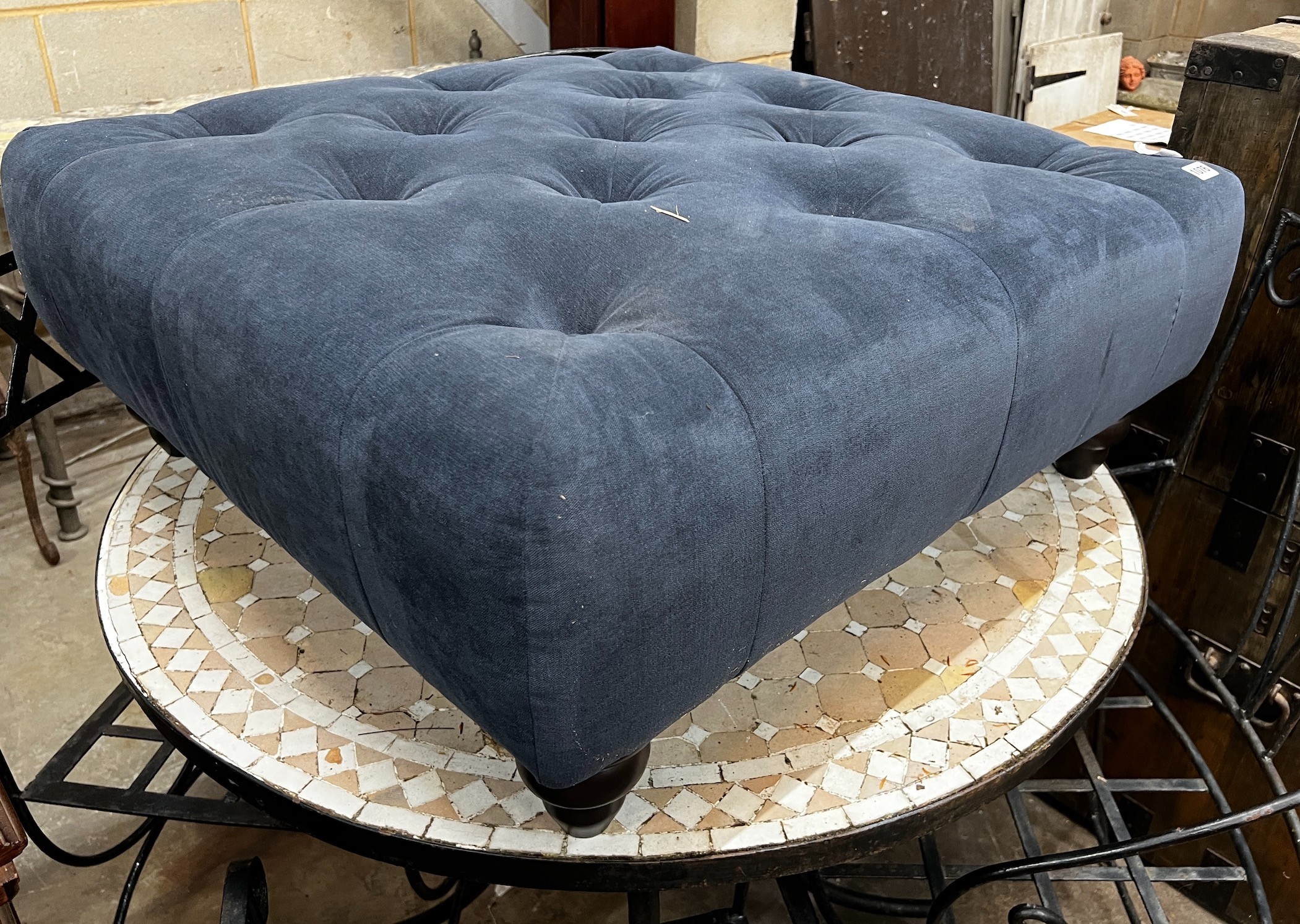 A contemporary buttoned blue fabric footstool, 80cm square, 33cm high - Image 3 of 3
