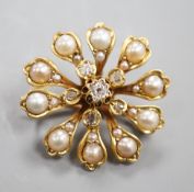 A Victorian yellow metal (tests as 15ct), diamond and split pearl set pendant brooch, 26mm, gross