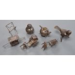 Six assorted miniature white metal items including a Chinese tea kettle on stand (lacking lid),