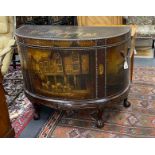A late 19th / early 20th century studded painted leather d-shaped trunk, painted with tavern and