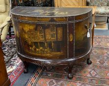 A late 19th / early 20th century studded painted leather d-shaped trunk, painted with tavern and