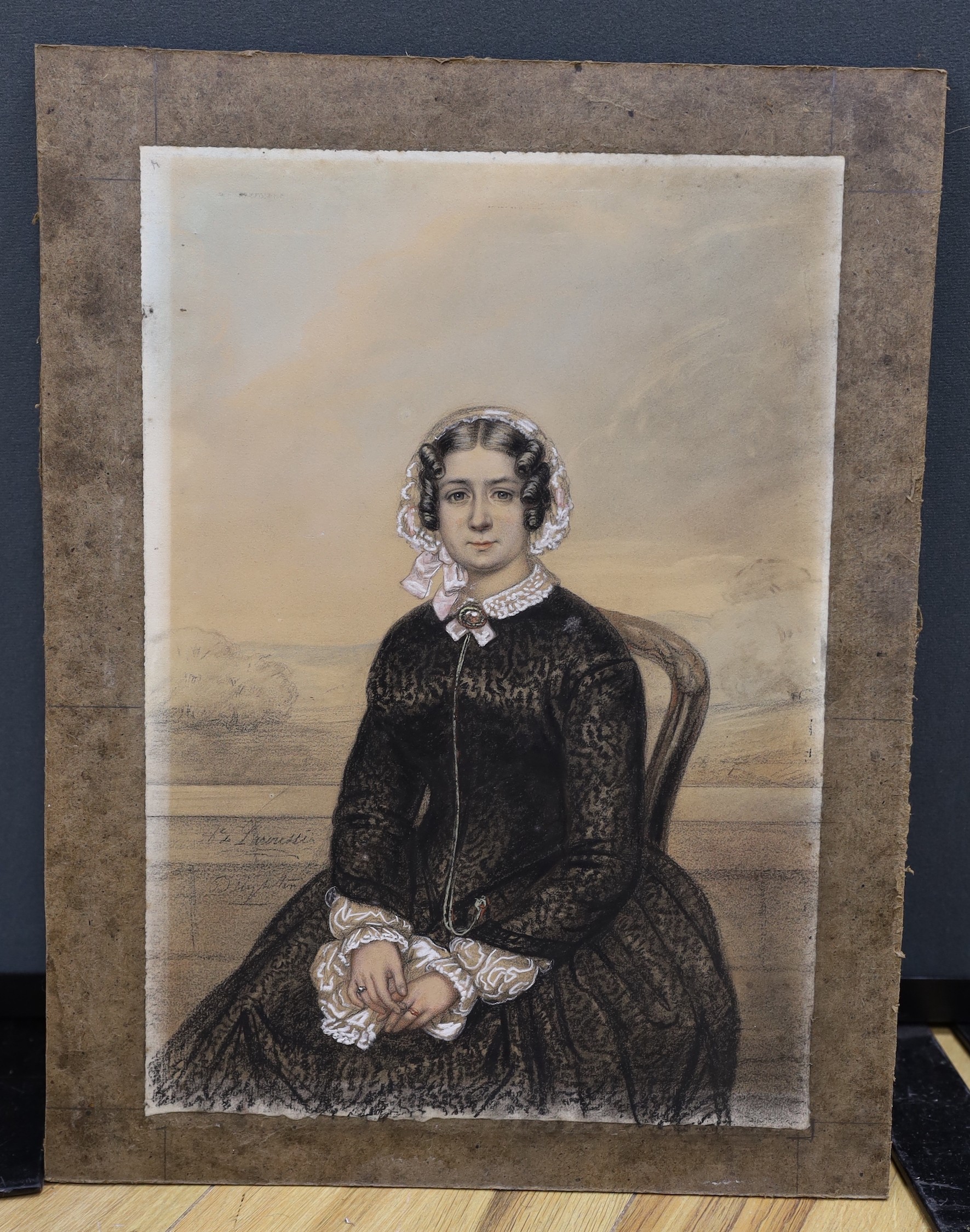 19th century French School, pencil and pastel, Portrait of a seated lady, indistinctly signed, 39 - Bild 2 aus 3