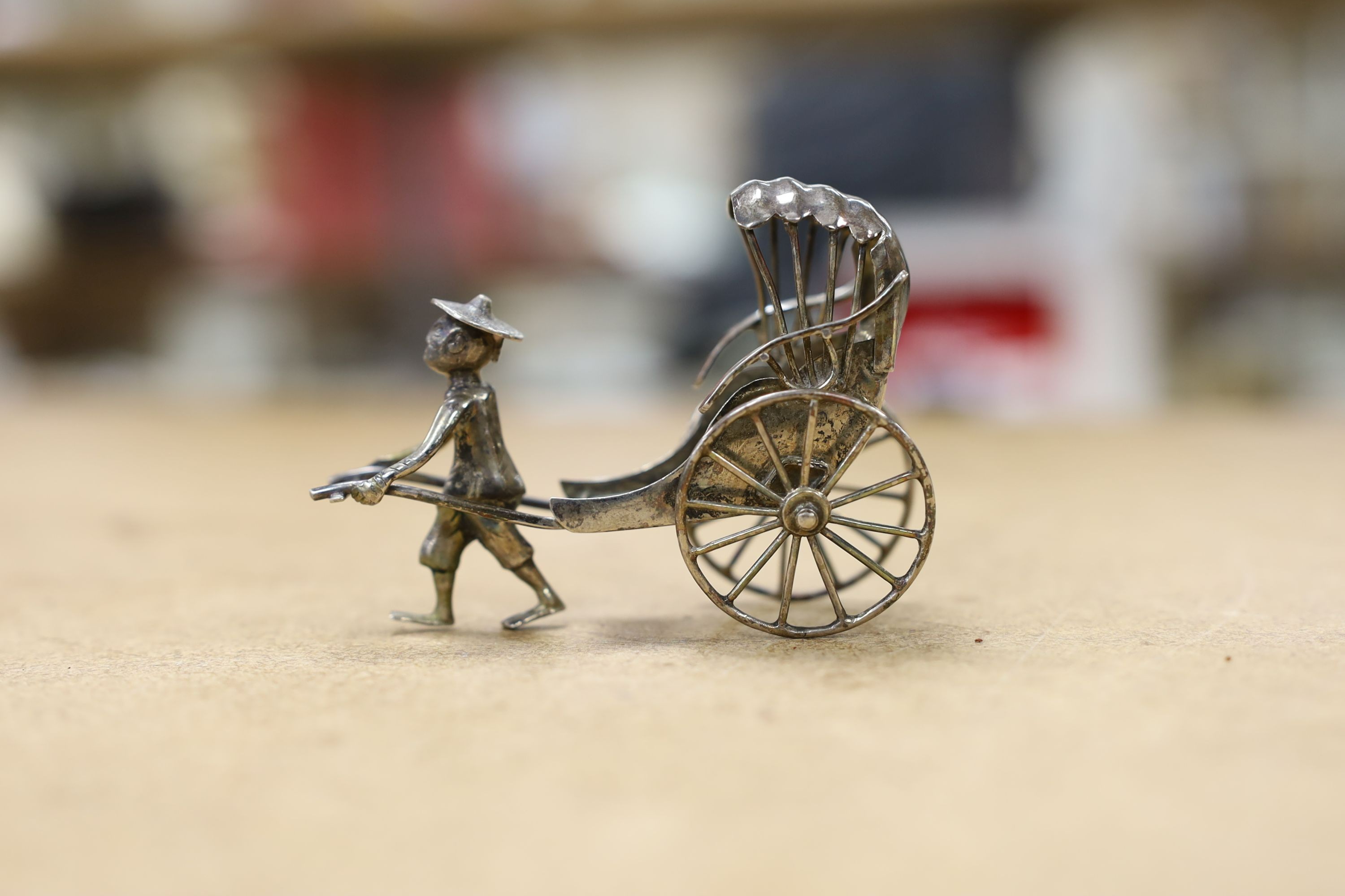 Six assorted miniature white metal items including a Chinese tea kettle on stand (lacking lid), - Image 18 of 19