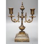 A French two branch niello work candelabrum, 16.5cms high