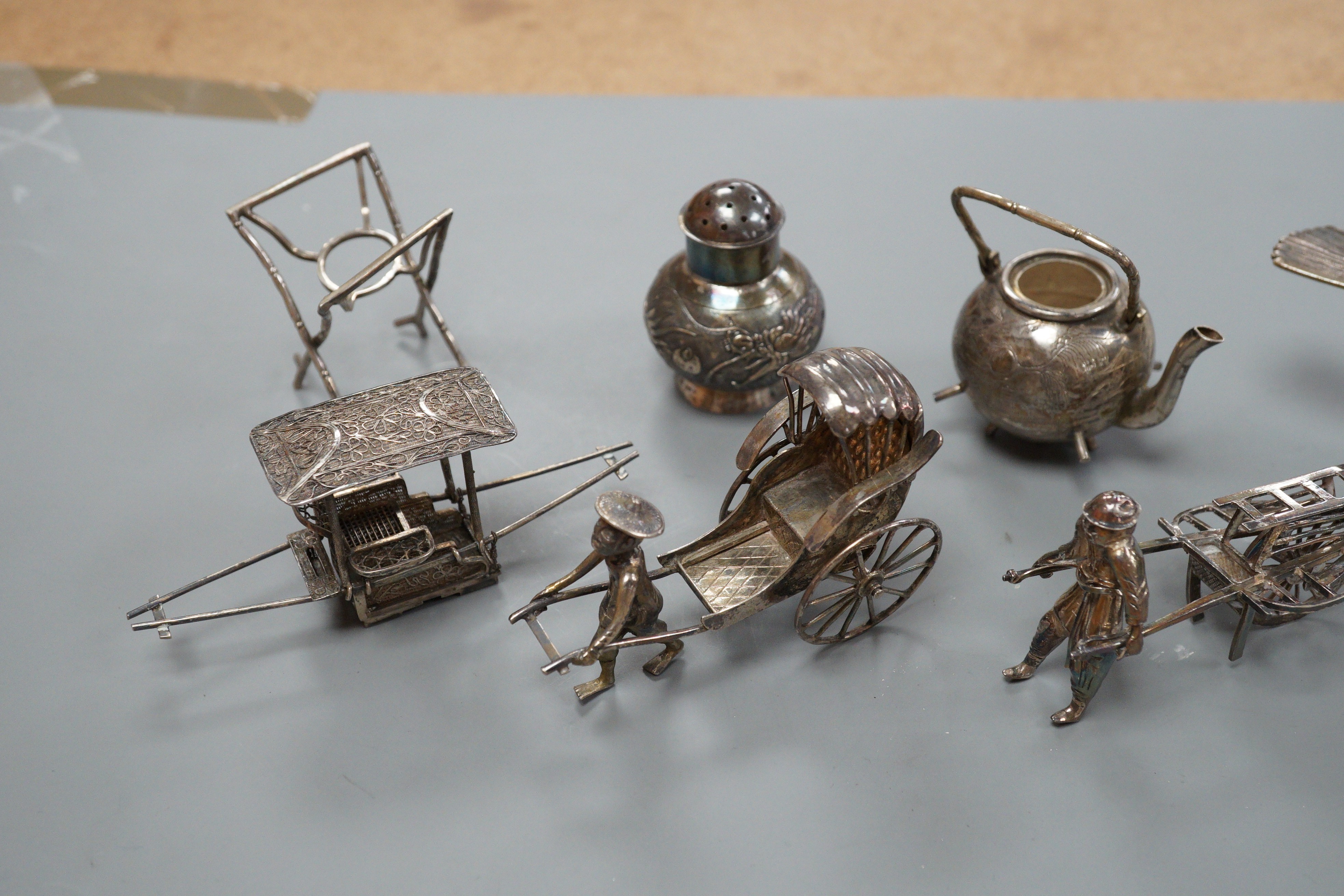 Six assorted miniature white metal items including a Chinese tea kettle on stand (lacking lid), - Image 2 of 19