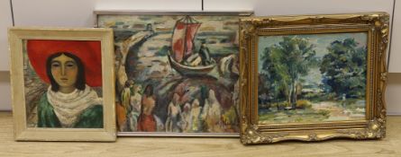 Piotr Mleczko (Polish, 1919-95), three oils, Figures on the shoreline, Woodland scene and Girl in