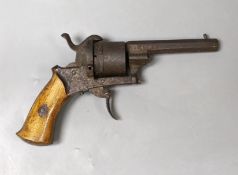 A Belgian 8mm pin fire six shot revolver, hexagonal barrel stamped ‘ELC*’