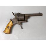 A Belgian 8mm pin fire six shot revolver, hexagonal barrel stamped ‘ELC*’