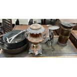 A Victorian copper samovar, a copper and brass measure, a preserve pan, scales etc.