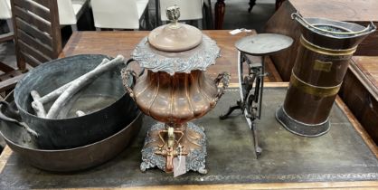 A Victorian copper samovar, a copper and brass measure, a preserve pan, scales etc.