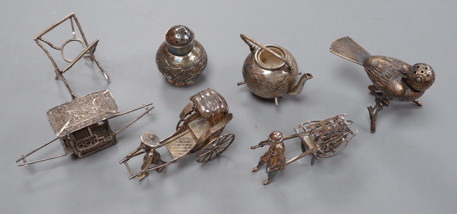 Six assorted miniature white metal items including a Chinese tea kettle on stand (lacking lid), - Image 6 of 19