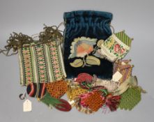 A late 19th century embroidered bible bag another smaller finely knitted bible bag, eight hand