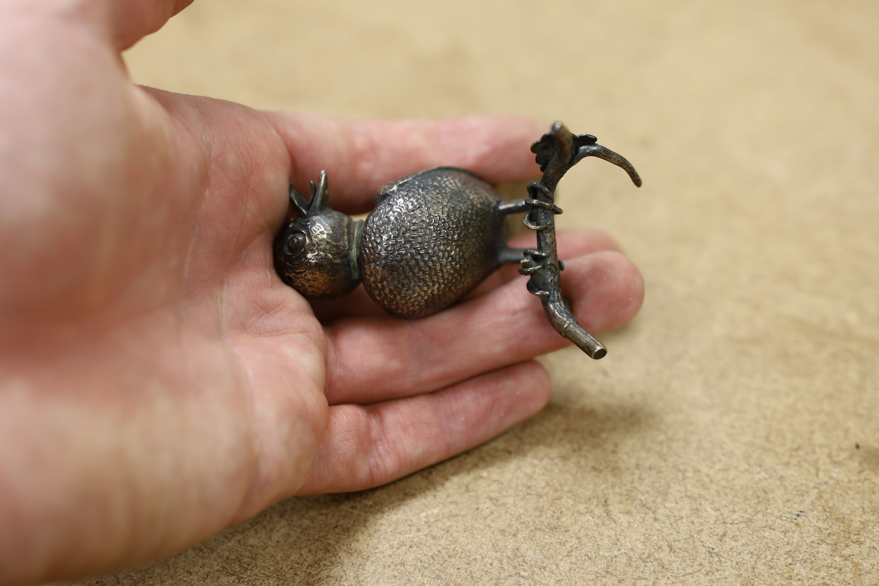 Six assorted miniature white metal items including a Chinese tea kettle on stand (lacking lid), - Image 11 of 19