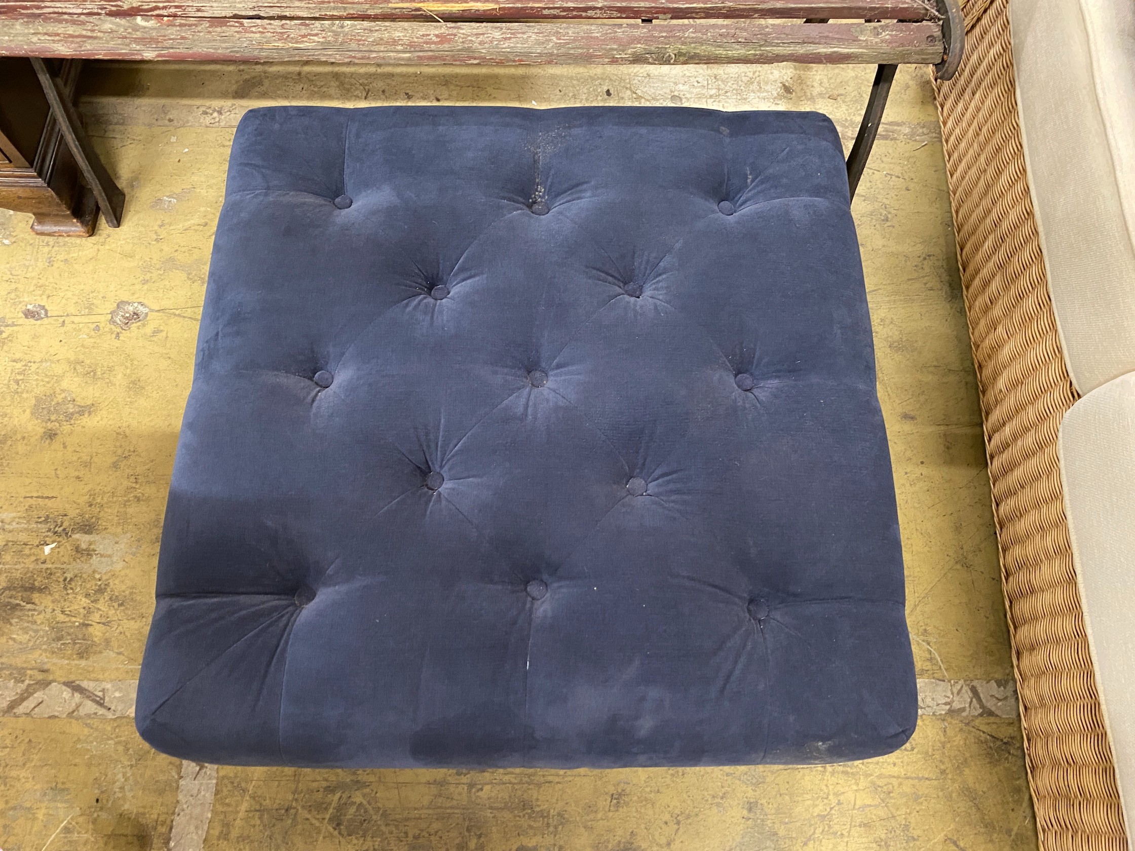 A contemporary buttoned blue fabric footstool, 80cm square, 33cm high - Image 2 of 3