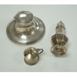 A George V silver octagonal sugar caster, Sheffield, 1910, 15.9cm, a George V silver mounted capstan