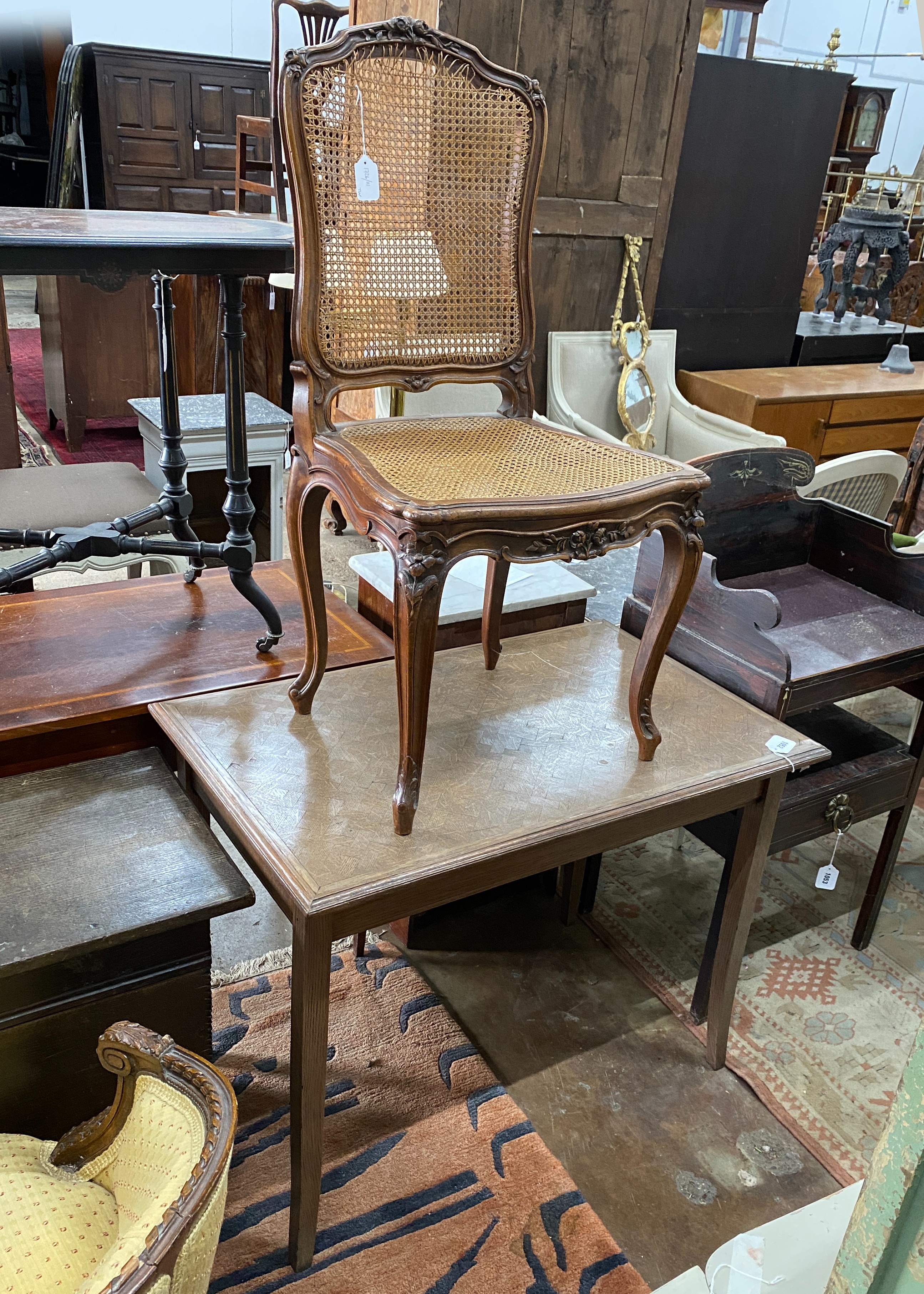 An early 20th century rectangular oak parquetry side table, width 92cm, depth 57cm, height 71cm