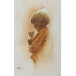 Stephen Pearson, watercolour, Child holding a kitten, signed, 42 x 28cm