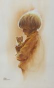 Stephen Pearson, watercolour, Child holding a kitten, signed, 42 x 28cm