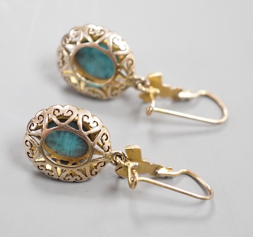 A pair of early 20th century pierced yellow metal and turquoise set drop earrings, 35mm, gross - Image 3 of 4