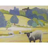 Sue Campion R.B.A, gouache, Field of sheep near Bridgnorth, signed, 19 x 24cm