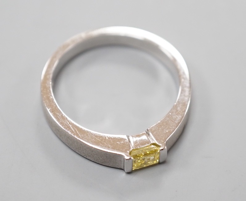 A modern sandblasted platinum and solitaire rectangular cut fancy yellow diamond set ring, size M/N, - Image 3 of 3