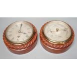 A Victorian teak cased bulkhead timepiece by Benzie, Cowes, Isle of Wight with matching aneroid