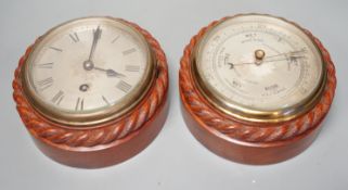 A Victorian teak cased bulkhead timepiece by Benzie, Cowes, Isle of Wight with matching aneroid