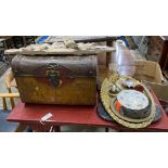 A Victorian tin trunk, a painted leather banner, an oval Indian brass tray and sundries.