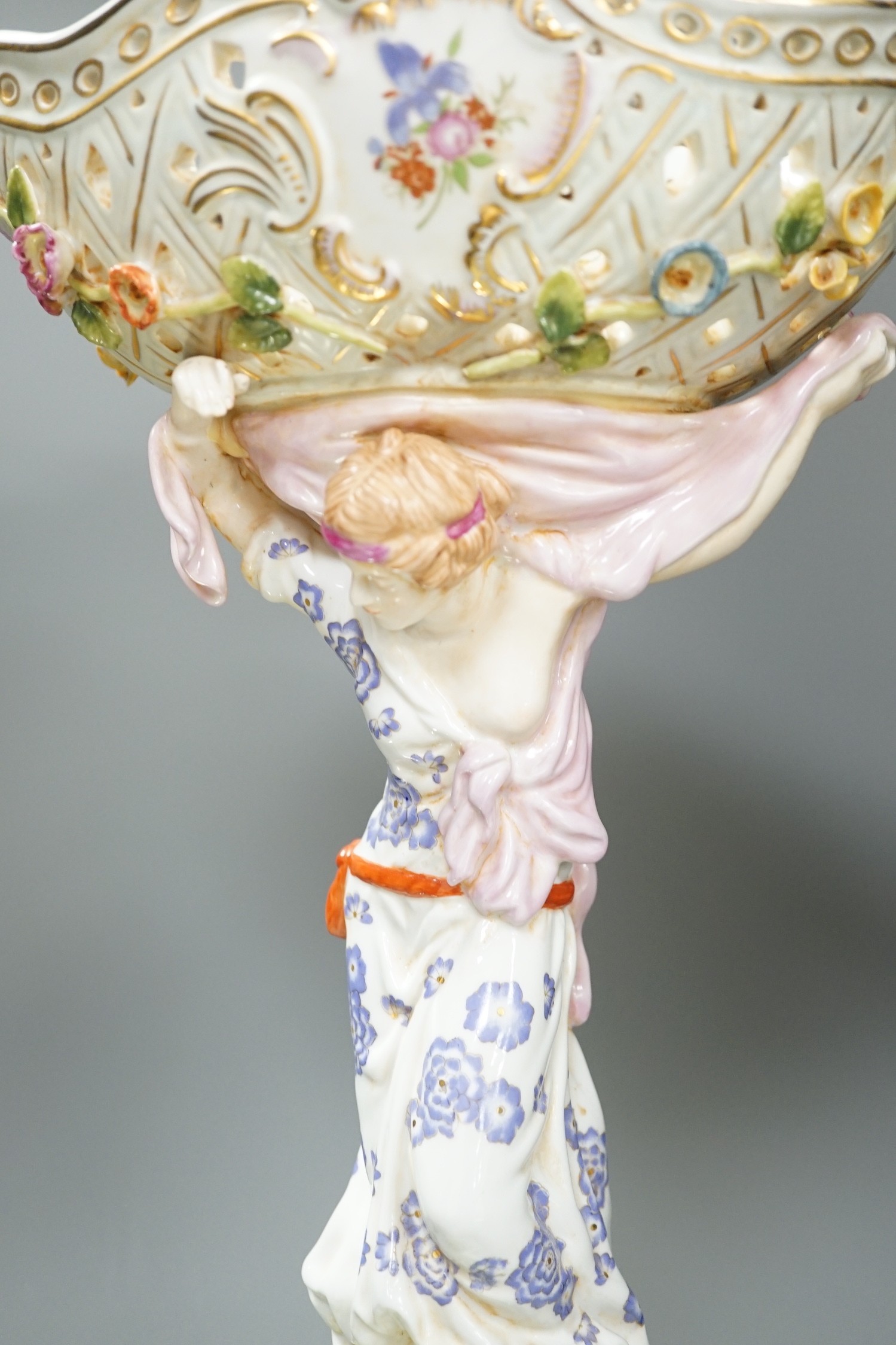 A German floral encrusted porcelain centrepiece and similar easel mirror, tallest 46cm - Image 3 of 5