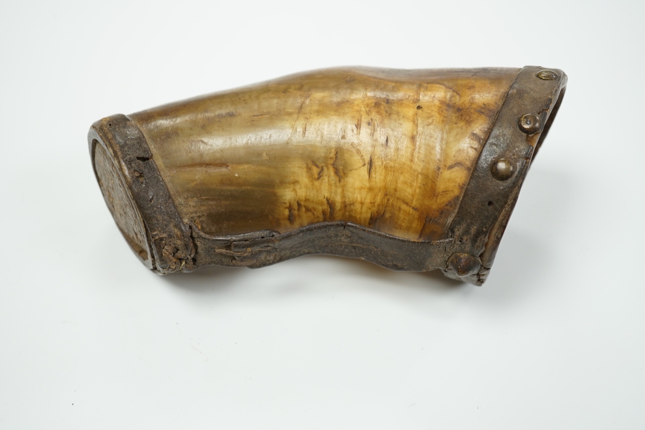 A 19th century ox horn and leather mounted cup, 19cm - Image 2 of 3